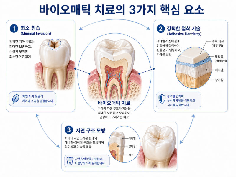 바이오미메틱 치료의 3가지 핵심 요소를 설명하는 인포그래픽
