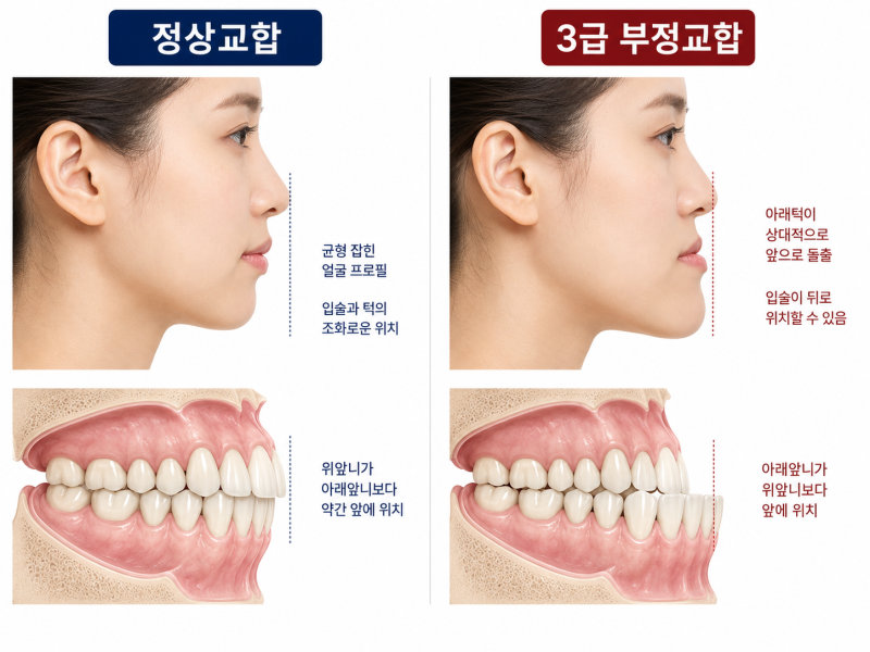 정상교합과 3급 부정교합의 얼굴 프로필 및 치아 교합 비교 일러스트