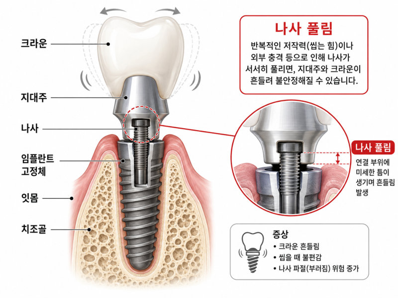 임플란트 나사 풀림 현상을 설명하는 그림. 반복적인 저작력이나 외부 충격으로 나사가 풀려 크라운이 흔들리는 과정을 보여준다.