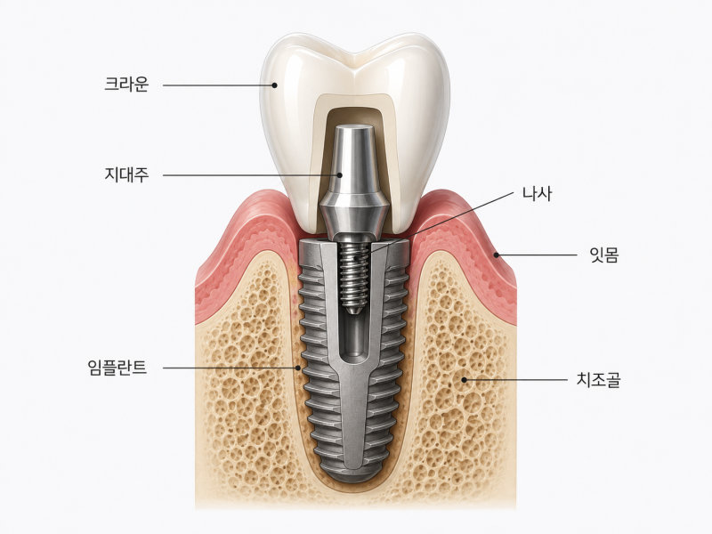 임플란트 구조를 보여주는 치아 모형 단면도. 크라운, 지대주, 나사, 임플란트, 잇몸, 치조골이 표시되어 있다.