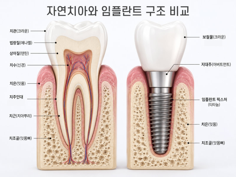 자연치아와 임플란트의 구조를 비교하는 설명 그림
